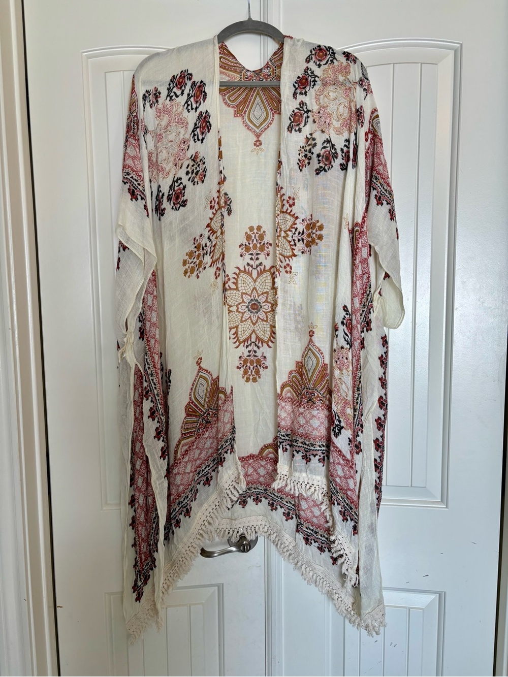 lovestitch Cream Floral Paisley Open-Front Kimono with Pink & Brown Accents